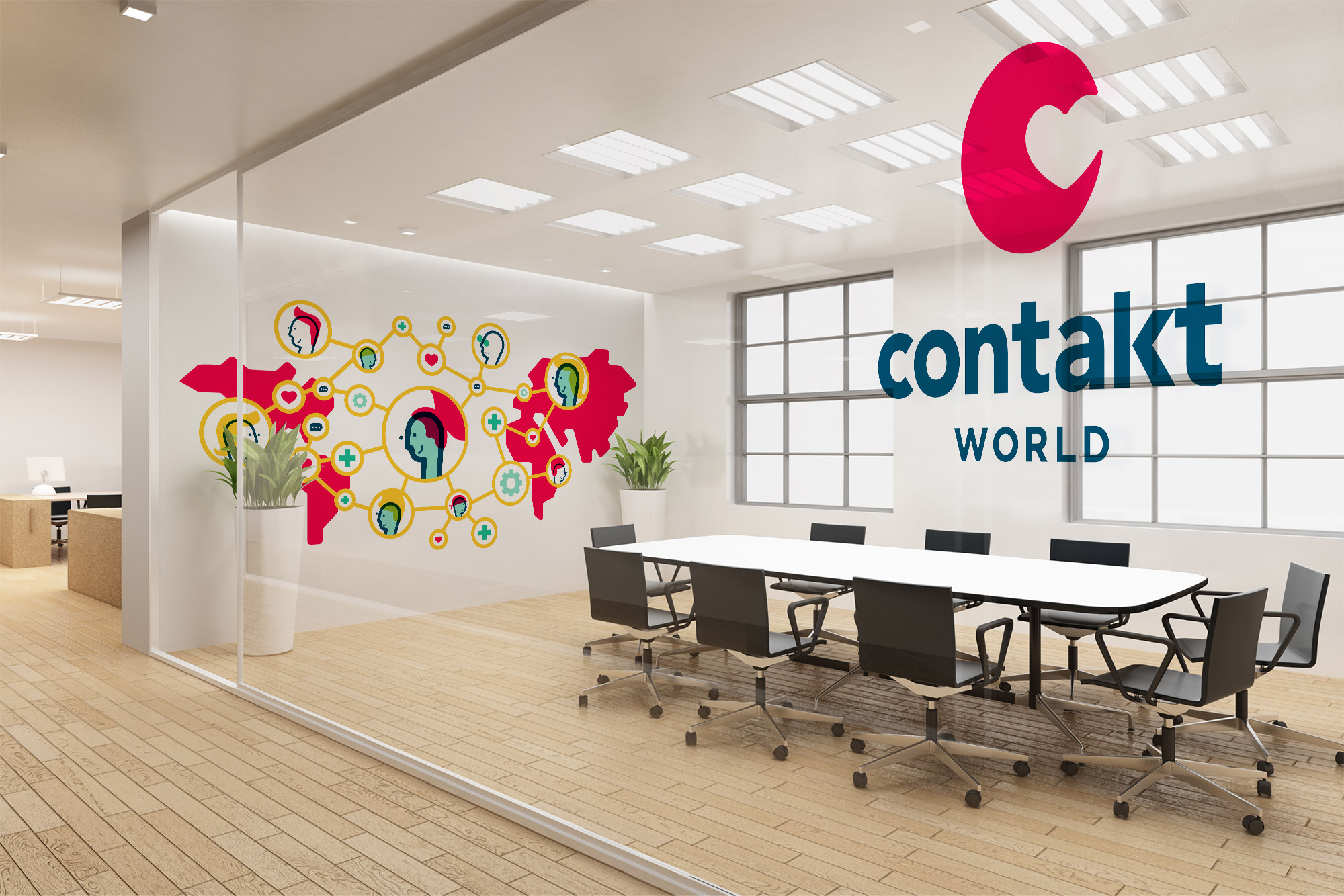 Contakt World logo mockup in an office setting.